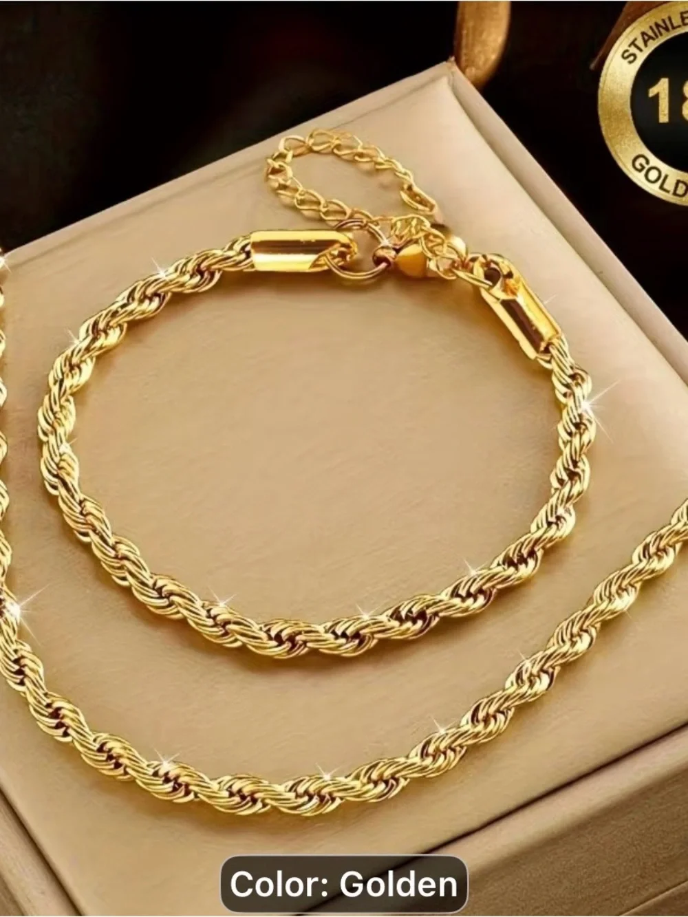 2PCS Men's Golden Rope Chain Necklace and Bracelet Set